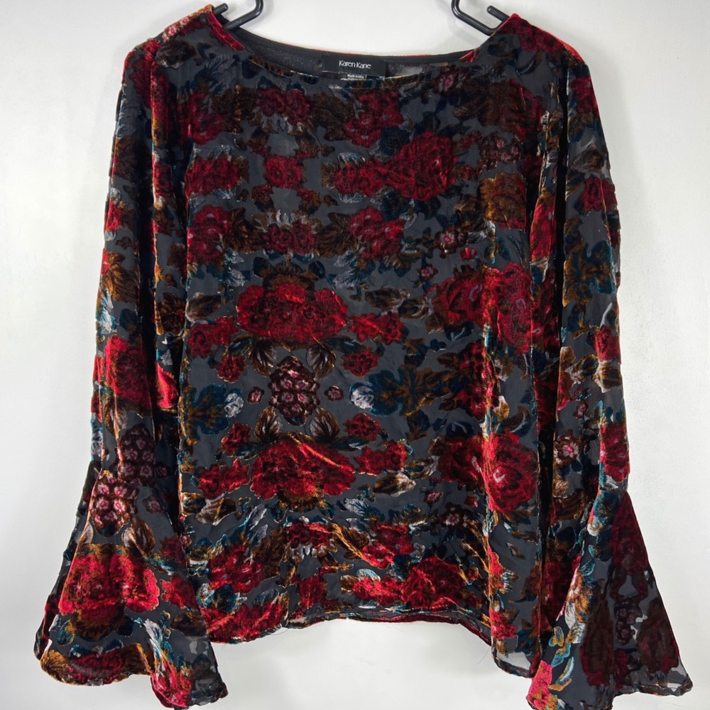 Karen Kane Womens Bell Sleeve Velvet Burnout Floral Top Size M Red Black Y2K 90s